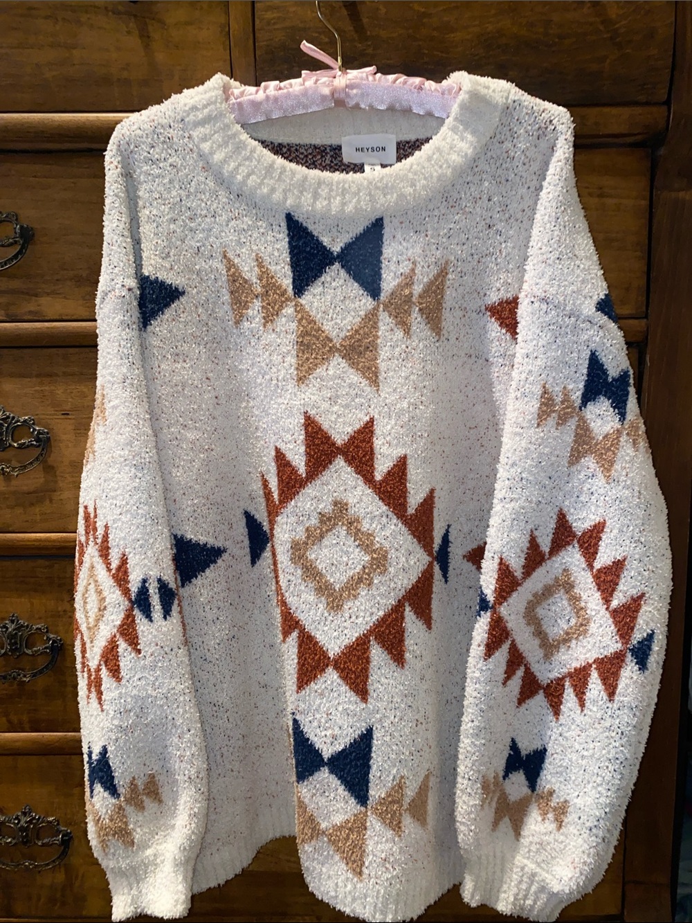HEYSON Cream Geometric Crewneck Sweater with Navy & Rust Motifs